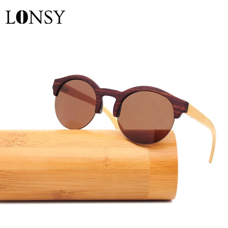 Lonsy óculos de sol retrô de madeira, espelhado e marrom de bambu, masculino e feminino, vintage