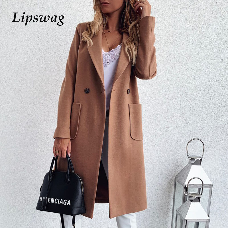 2020 outono inverno lã mistura casaco feminino casual mid-long bolso overcoat trench sólida manga comprida botão jaqueta outerwear