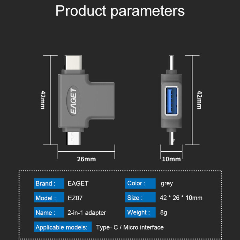 EAGET-Adaptateur OTG 2-en-1 Micro USB Type C vers USB 3.0, Convertisseur pour Samsung Galaxy S10 Macbook