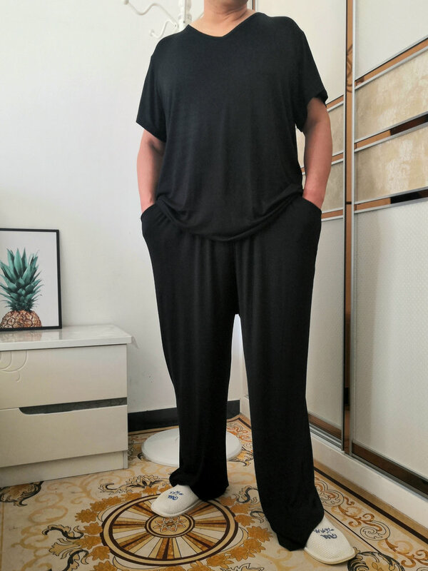 여름 용수철 플러스 사이즈 남성용 잠옷 세트, 모달 홈웨어 세트, 부드러운 캐주얼 수면복, 반팔 상의 및 긴 바지, 8XL, 170kg