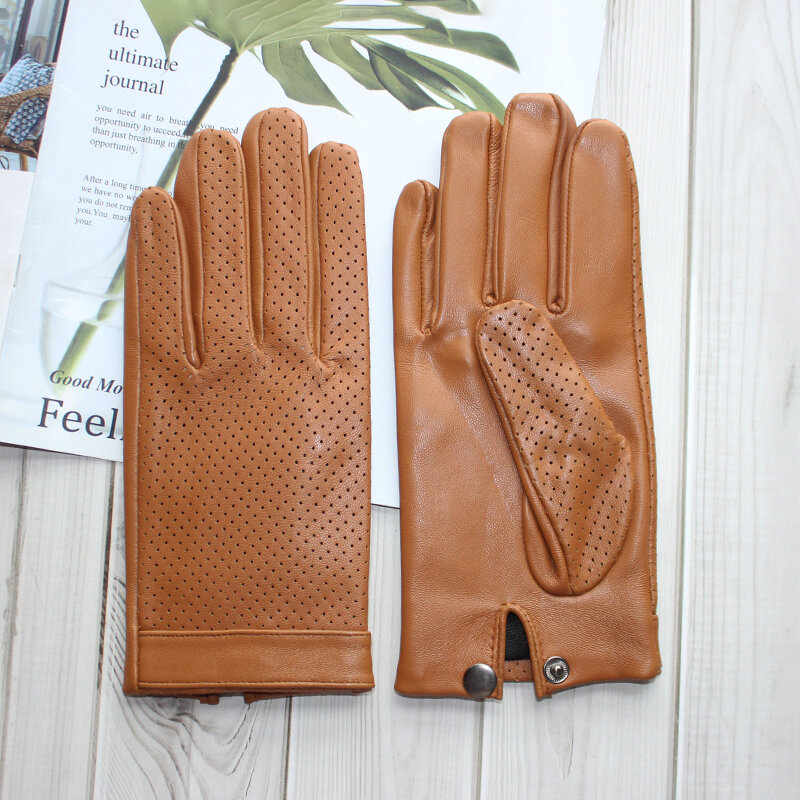 High-end new products fashion men's sheepskin gloves touch screen mesh breathable thin silk riding leather gloves autumn