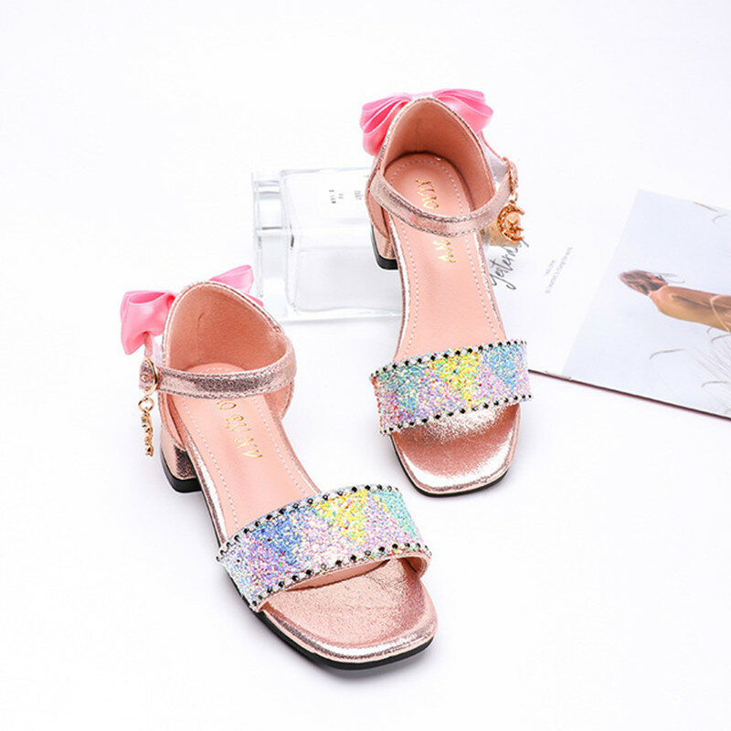 Fashion cute 3cm thick heel children's sandals 2020 new one word with Colored sequins princess shoes student rhinestone sandals