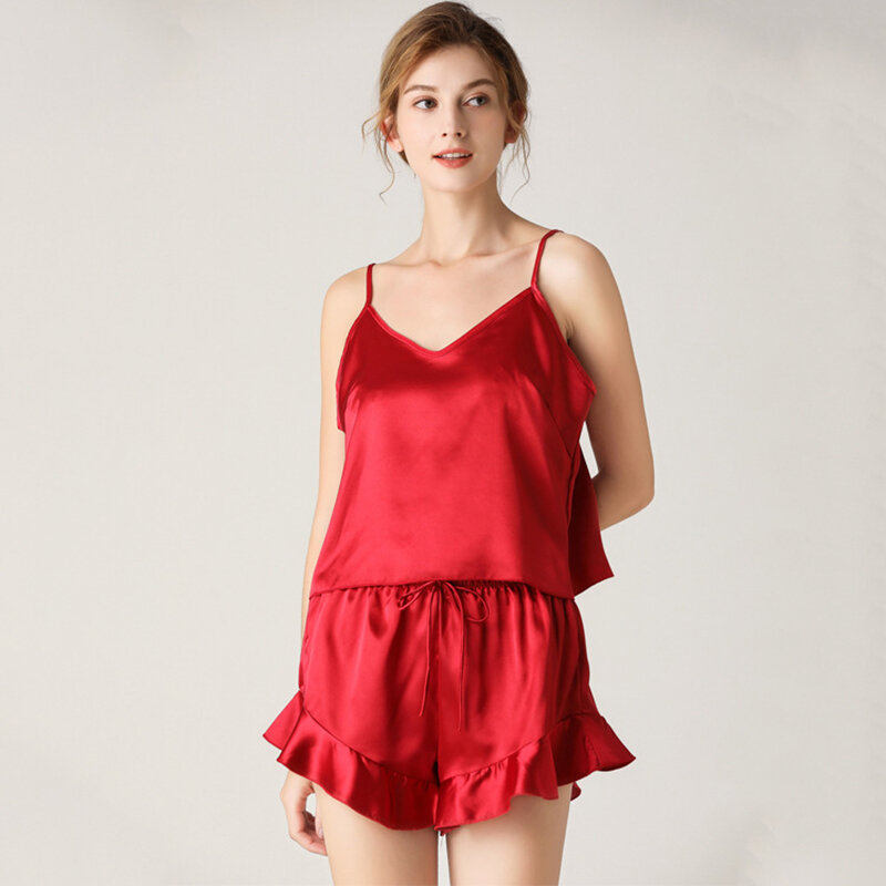 Nachtwäsche Weiblichen Sommer Faux Seide Sexy V-ausschnitt Schlinge Shorts Zwei-Stück Pyjama Sets Frauen Weichen Homewear 3105