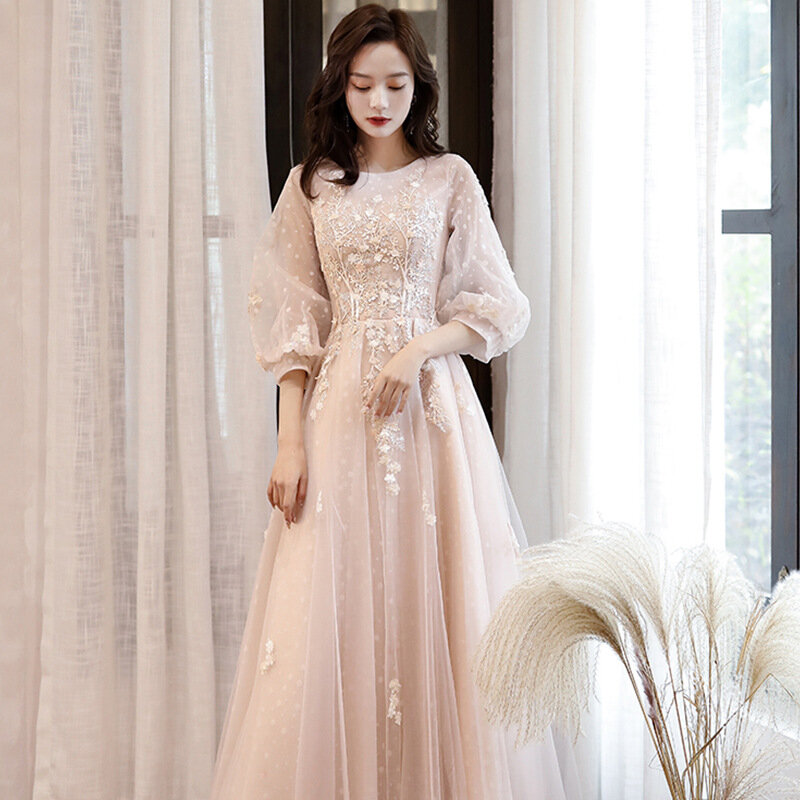 Women's Formal Evening Dresses Puff Sleeve Sequined Elegant Celebrity Dresses Floor-Length Appliques Graceful Birthday Dress