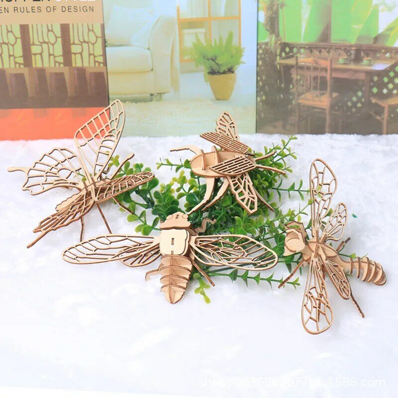 Diy 3d Wooden Puzzle Toy Jigsaw Insect Animal Handmade Assembly Painted Educational Game for Children Kids Birthday Gift