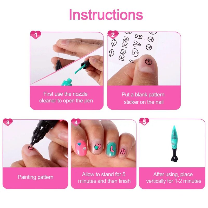 Set di penne per Nail Art per bambini Set di smalti per unghie giocattolo per trucco sicuro e Non tossico 3D Nail Art decorazione fai da te per regalo ragazza
