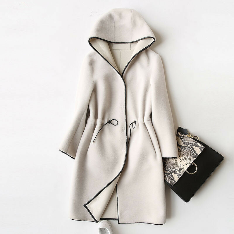 New Wool Real Fur Coat For Women Winter Sheep Jackets And Coats Long Hooded PU Leather Lining Overcoat 37952 WYQ757