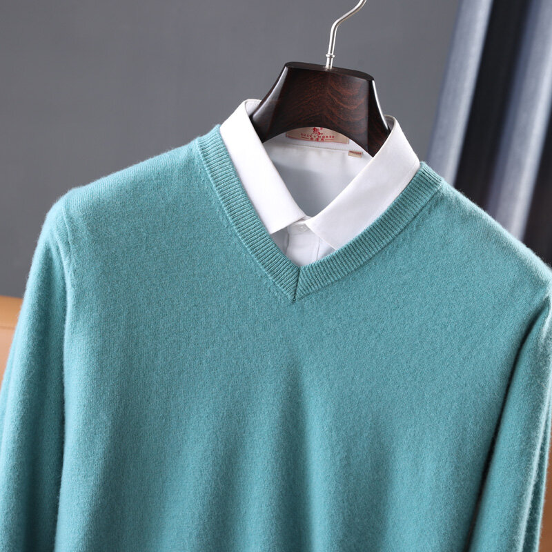 Мужской шерстяной трикотажный пуловер, Однотонный свитер из 100% чистой австралийской шерсти с длинным рукавом и V-образным вырезом, зима 2021