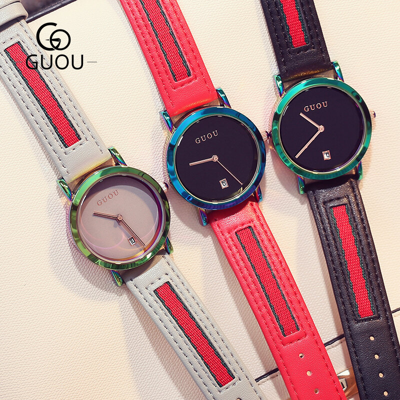 GUOU-relojes de lujo para mujer, correas de colores de acero inoxidable, relojes morados, reloj de moda para mujer