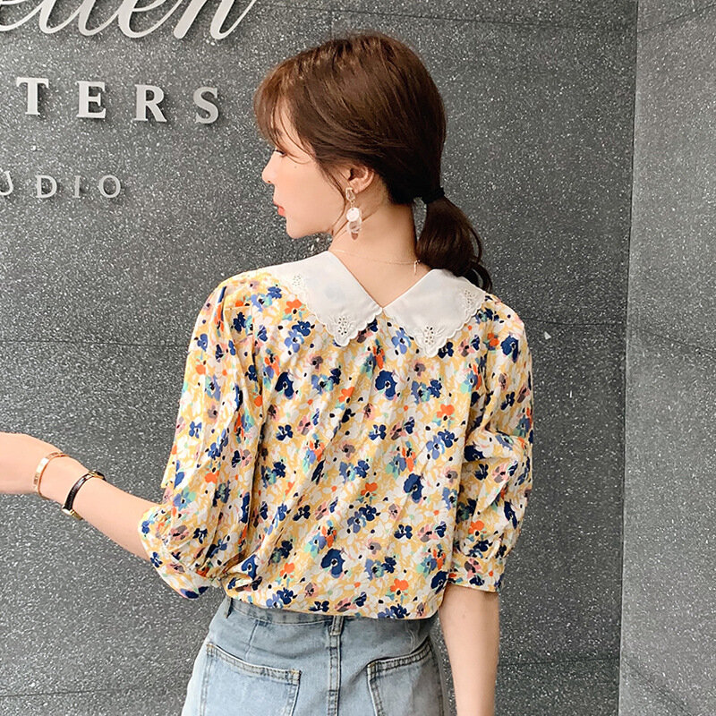 Womens Blouses And Tops Retro Chic Floral Print Doll Collar Top 2020 Summer Fashion Designer Short Sleeve Buttons Vintage Shirts