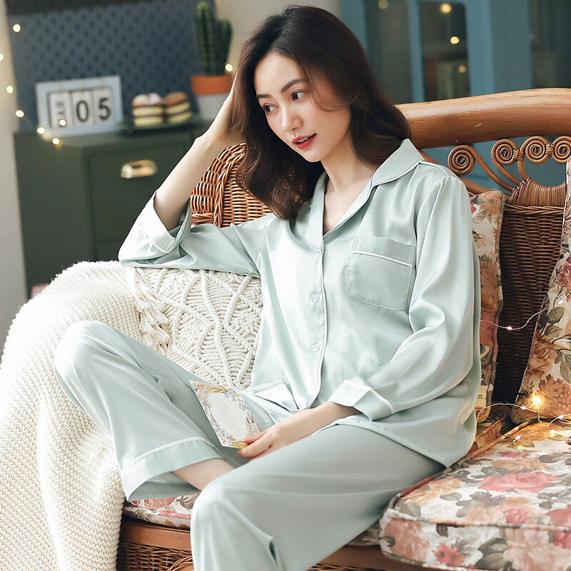 Pijama de verão cetim feminino, conjunto pijama fino de seda gelo manga comprida