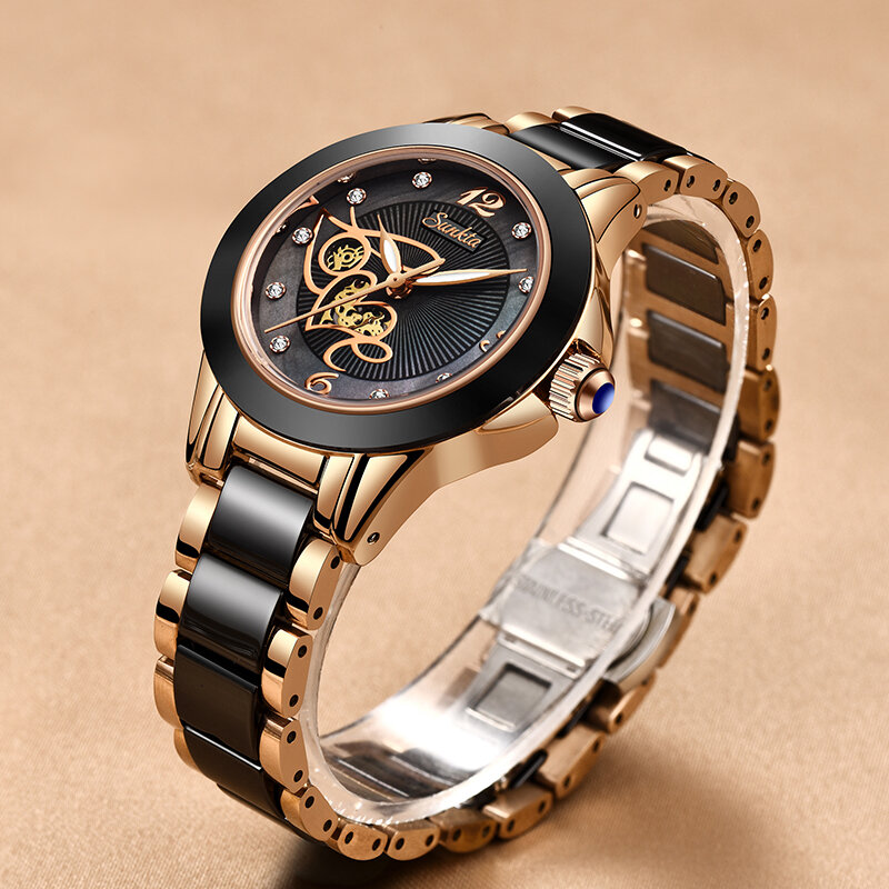SUNKTA-relojes de lujo para mujer, de cerámica negra con diamantes, reloj de pulsera resistente al agua de cuarzo, relojes femeninos, regalo