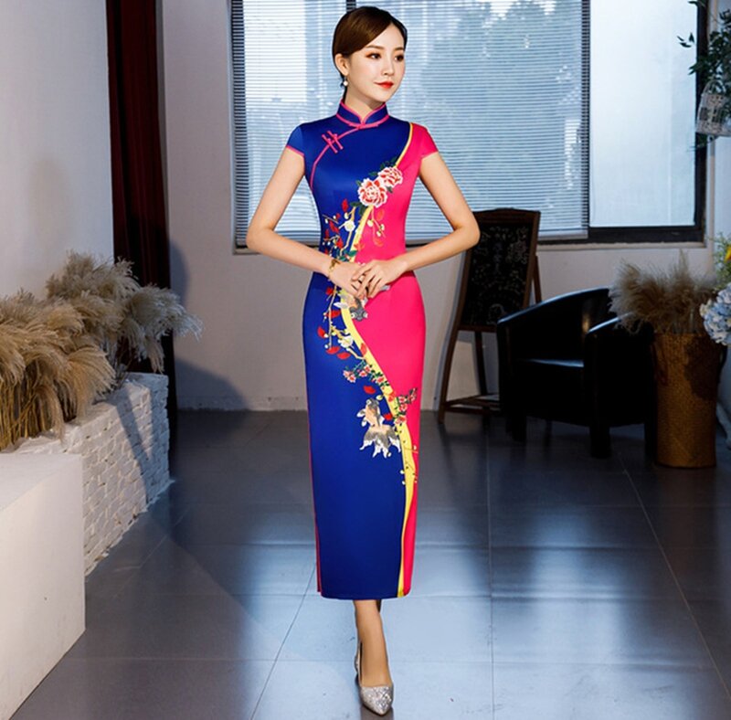 Cheongsam kobiet плацие długie występy sceniczne cheongsam XL sukienki pokaż etykiety pani jednolite cheongsam chińska sukienka qipao