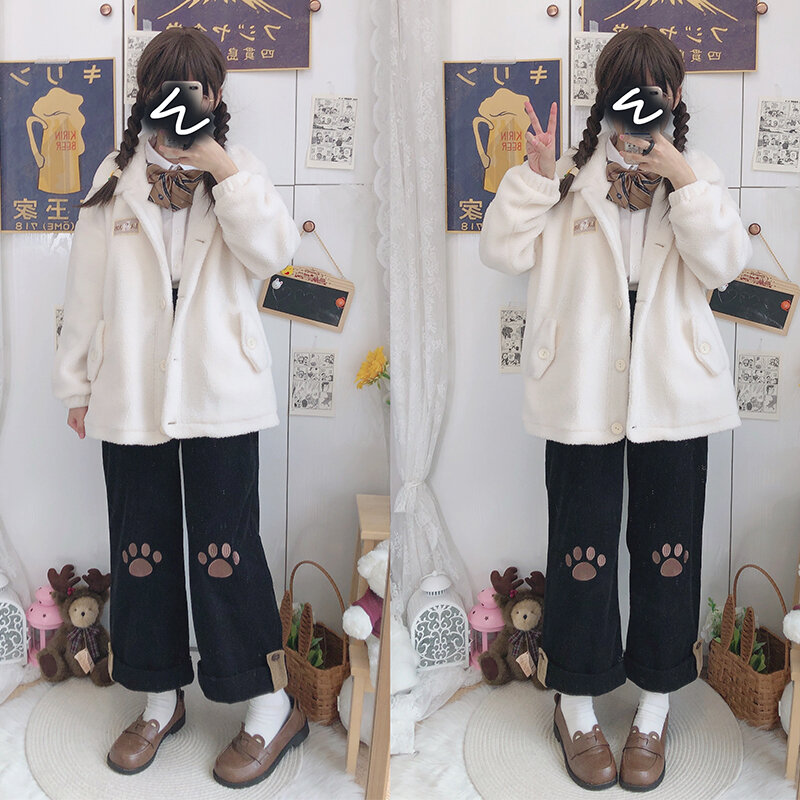 Himifashion-pantalones de pierna ancha con Pata de Gato Kawaii para mujer, Capri de pana marrón, cintura alta, Lolita, pantalones casuales negros con bordado lindo