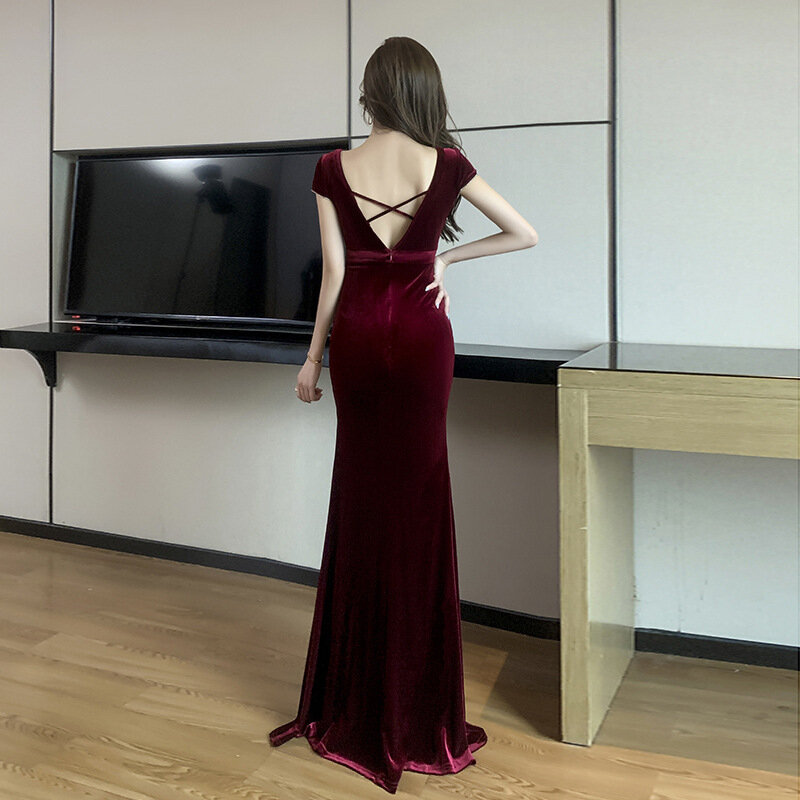 Women's Party Gowns High Split Deep V-Neck Backless Sexy Cocktail Dresses Sashes Floor-Length Formal Evening Dress