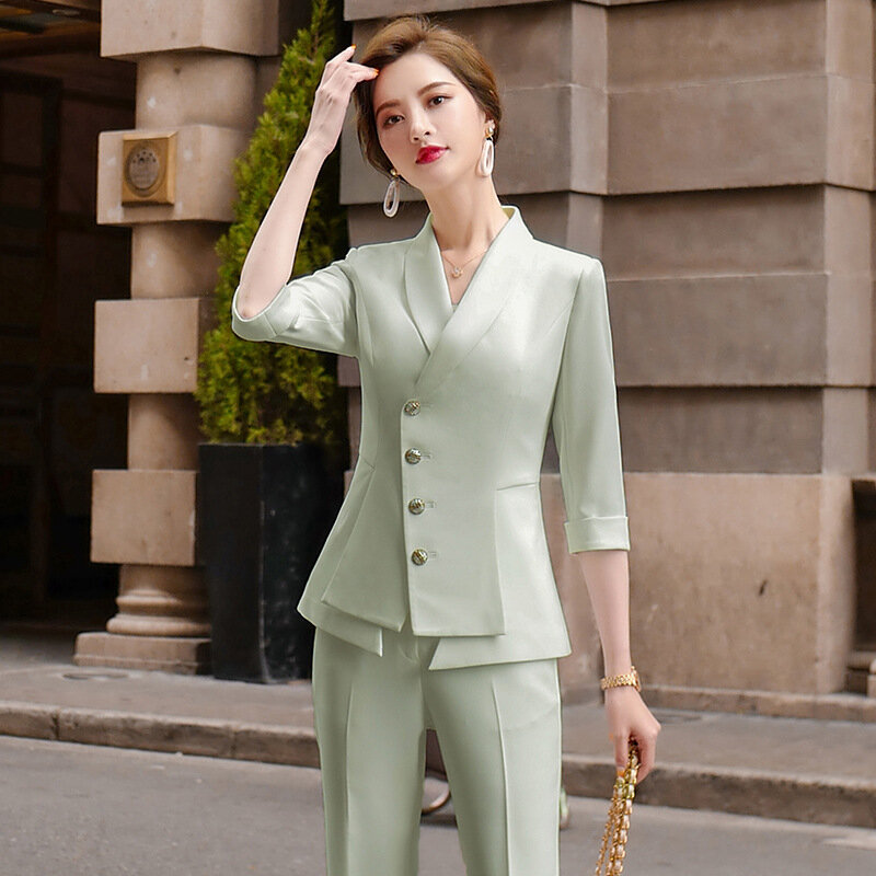 Alta qualidade casual calças terno feminino duas peças conjunto 2022 novo verão senhoras elegantes blazer branco jaqueta traje de negócios