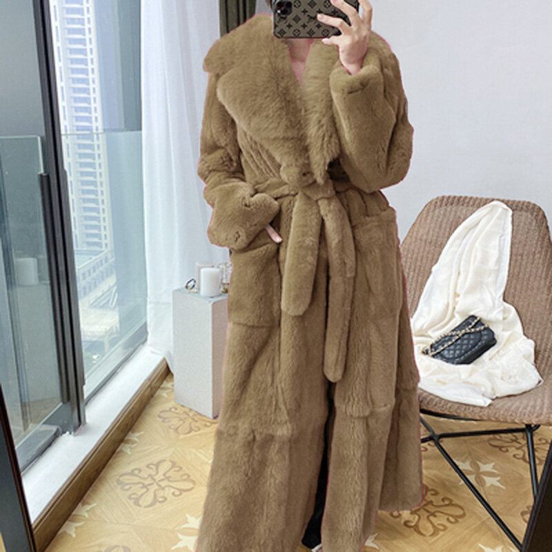 Abrigo de piel sintética de visón para mujer, abrigo largo de felpa de gran tamaño, ropa de abrigo gruesa y cálida con cinturón, 5XL talla grande, novedad de invierno, 2021