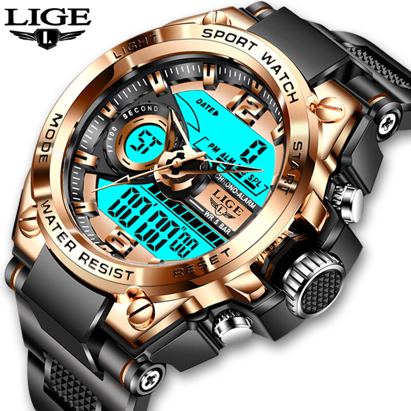 Часы наручные LIGE Мужские Цифровые, Брендовые спортивные водонепроницаемые электронные в стиле милитари