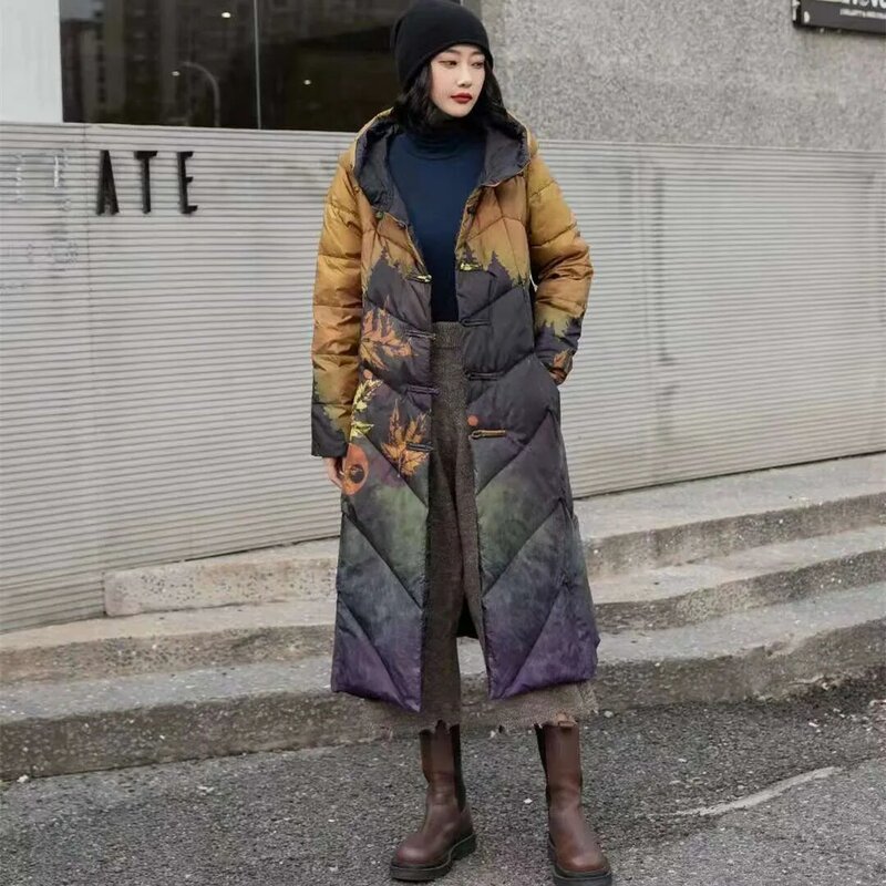 Ethnic Style Printed Down Coat Fashion Winter Parkas Long Hooded Oversized Thick White Duck Down Jacket Loose Warm Puffer Jacket
