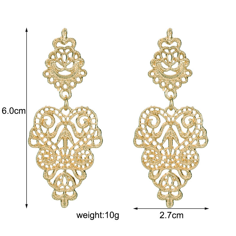 Anting-Anting Juntai Gantung Geometris Hati Berongga Ukiran Antik Mode untuk Hadiah Pesta Perhiasan Kancing Warna Perak Emas Hitam Wanita