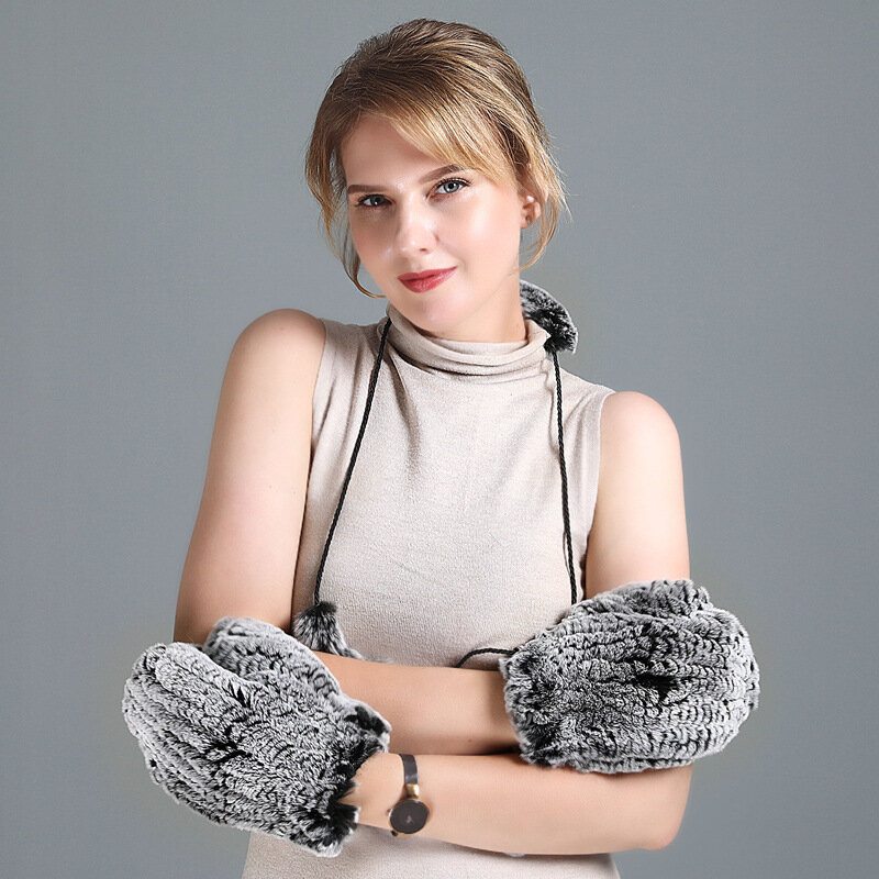 Vrouwen Mode Leuke Rex Konijnenbont Geweven Handschoenen Vrouwelijke Winter Warm Mitten Lanyard Opknoping Hals Handschoenen
