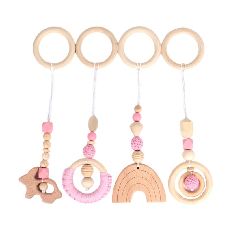 4 Pcs/Set Baby Play Gym Frame Stroller Hanging Pendants Wooden Ring Teether Molar Teething Nursing Rattle Toys Gifts Infant Room