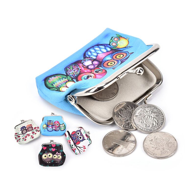Bolsa de lona feminina 1 peça, linda, estampa de coruja, com fecho, carteira pequena feminina, bolsa de moedas, carteira 4 cores