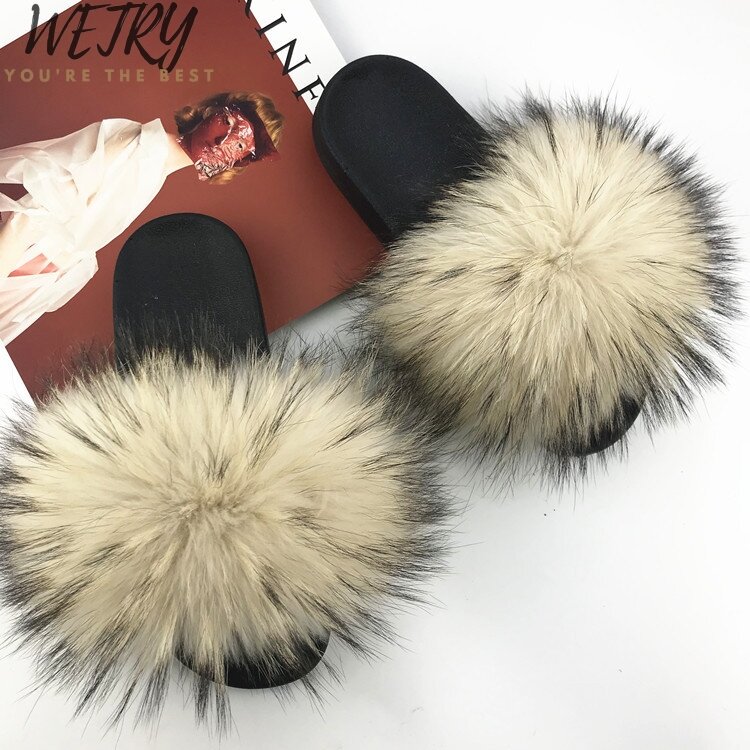 2020 Big Full Fur Slippers   Real Fox Hair Slides Beach Slides holiday fox fur Slides for women