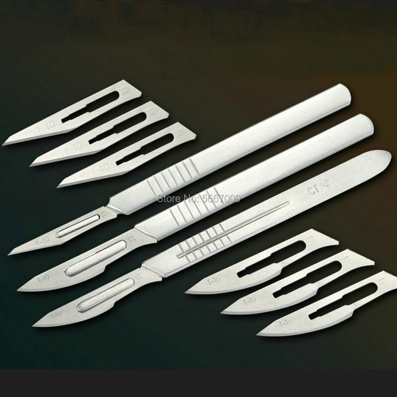 Una pieza 3 #4 #7 # empuñadura de acero inoxidable + 10 Uds 10 # a 24 # cuchillas quirúrgicas afiladas de acero al carbono