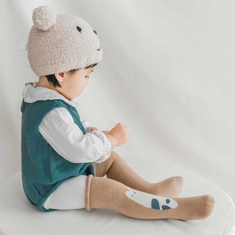 Medias gruesas de algodón puro para niños recién nacidos, medias cálidas de dibujos animados, rodilleras largas y suaves para bebés