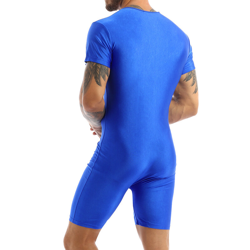 Herren Pyjama Unterhemden einteiliger Trikot Overall männlich Kurzarm vorne Reiß verschluss elastische weiche Boxershorts Bodysuit Bade bekleidung
