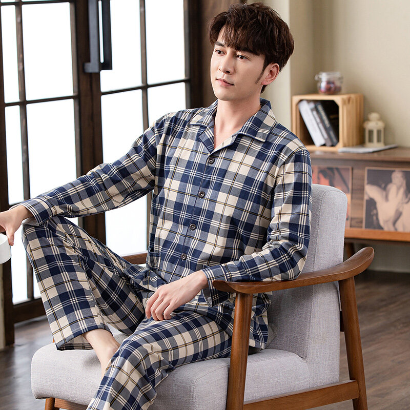 新しい秋男性パジャマ綿100% bedgownファッションパジャマのスパースターの男の暖かい寝室ホーム服pj格子縞の純粋な綿パジャマ
