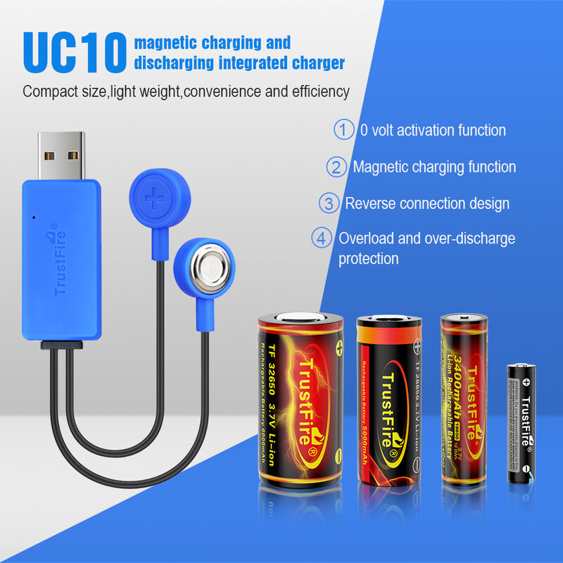 Trustfire uc10 carregador de bateria magnética com função de banco de potência carregador universal para li-ion 32650 21700 16340 26650 18650 célula