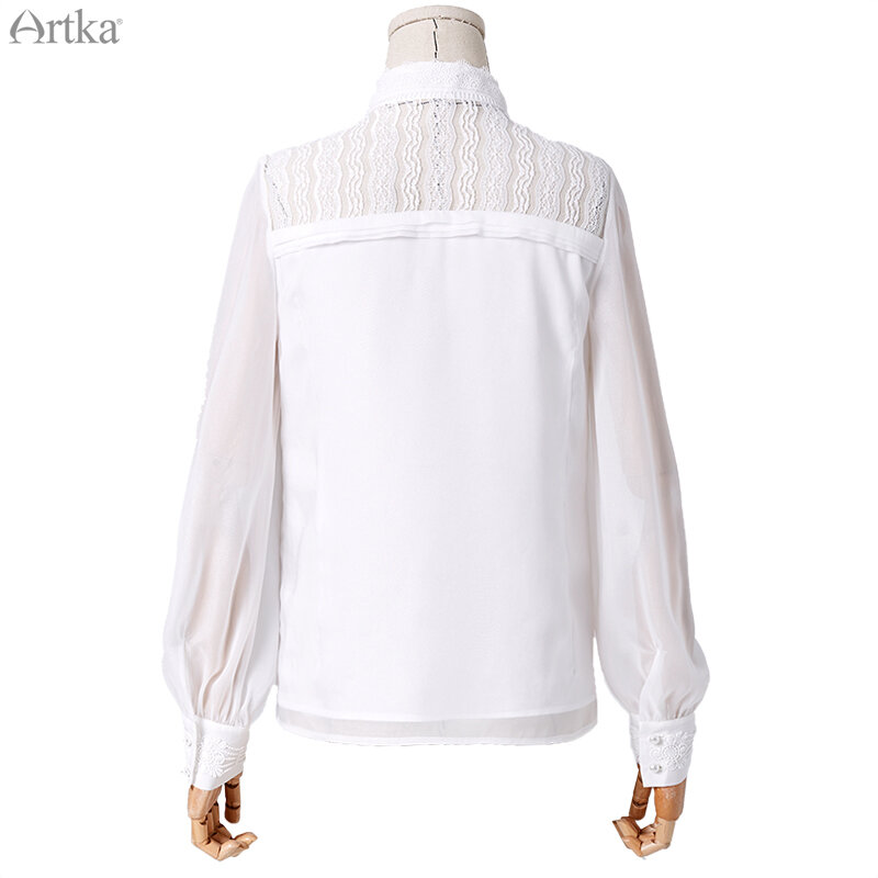 Женская шифоновая блузка ARTKA, белая элегантная кружевная блузка с длинным рукавом и воротником-стойкой, весна-лето 2020, SA20307C