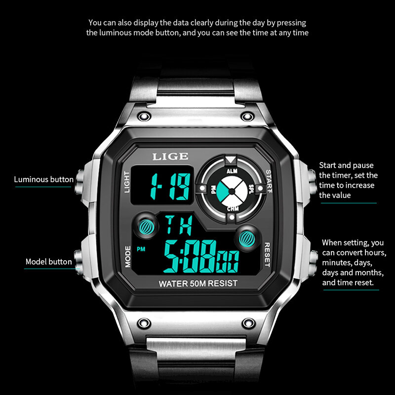 Lige-メンズデジタルスポーツウォッチ,ミリタリースタイル,防水電子腕時計