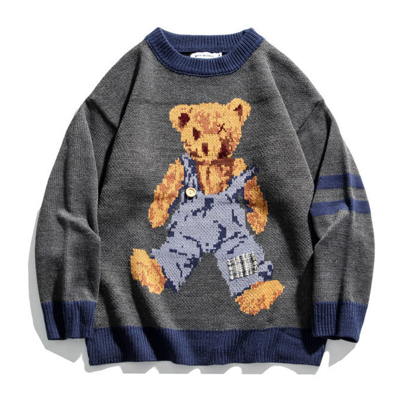 หมีถักเสื้อกันหนาวผู้ชาย Hip Hop ขนาดใหญ่ Soft Pullover คู่ใหม่ O-Neck Vintage Harajuku Streetwear Sweater Jepang