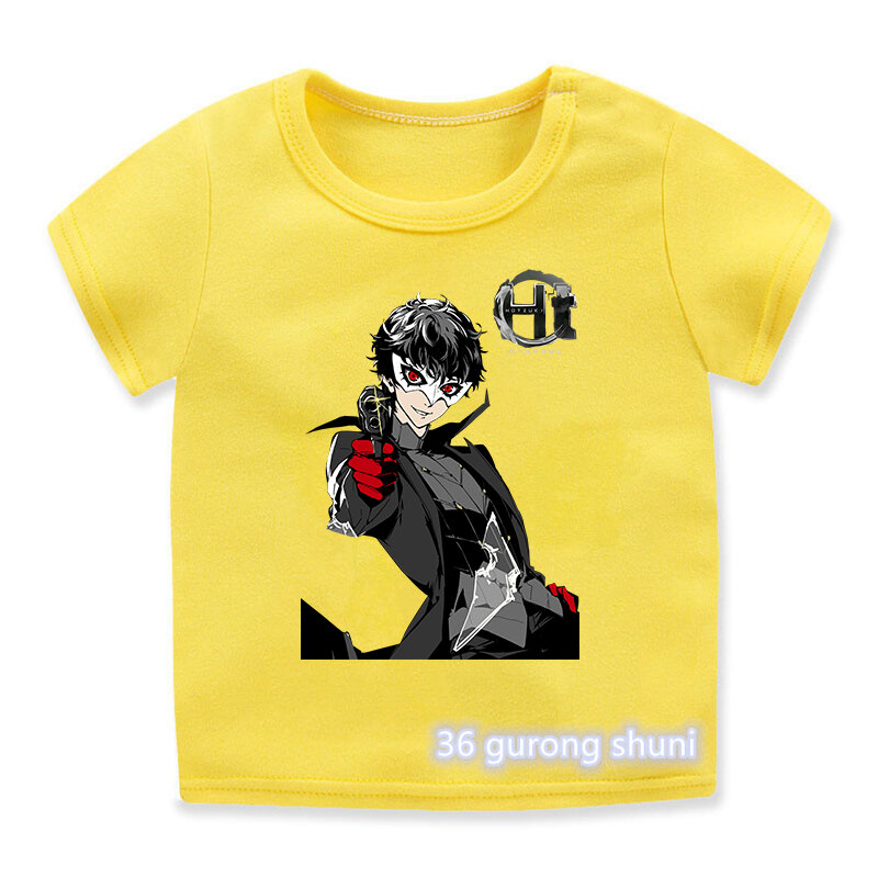 Nowatorski Design koszulki dla nastolatków Anime Persona 5 Joker nadruk kreskówkowy koszulki dla chłopców Casual hip-hopowe koszulki dla dzieci żółta koszula topy