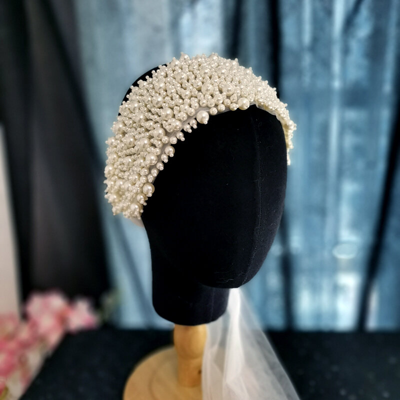 Handmade Brand Long Gauze Bow Headband for Women Pearl  Beading Headbands Wedding Luxury Bride Pearl Crown Tiara Headpiece 2021