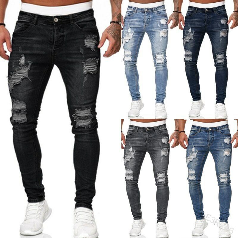 Fashion Street Style Jeans Skinny strappati da uomo Vintage wash Solid Denim pantaloni da uomo Casual Slim fit pencil denim Pants vendita calda