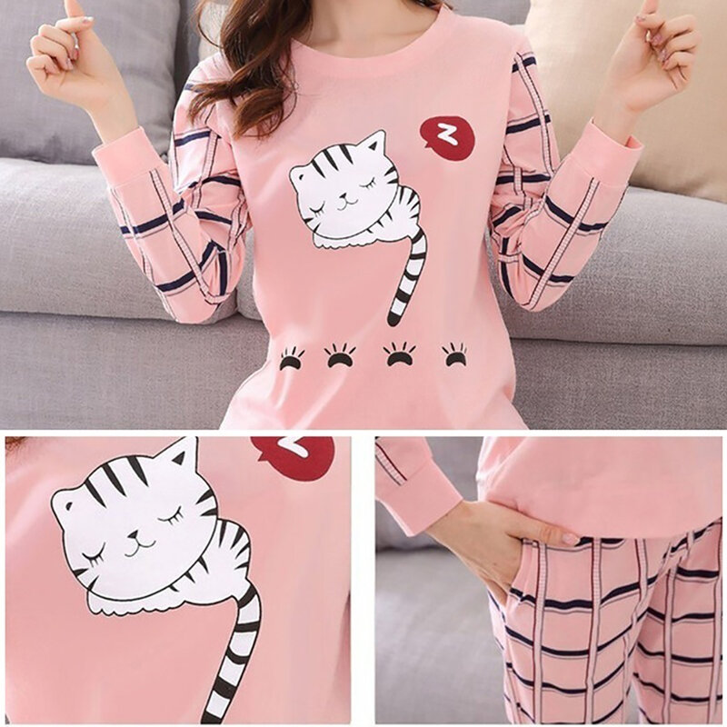 Pijama bonito estampado de gato de dibujos animados de invierno de manga larga de dos piezas ropa de casa mujeres Casual pijamas cuello redondo primavera otoño ropa de dormir conjunto