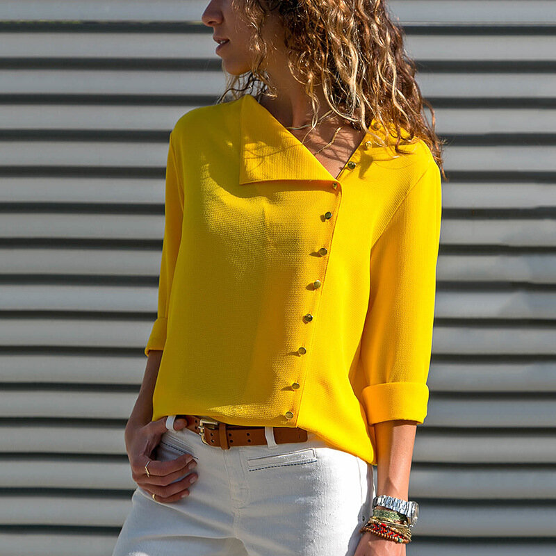 2019 가을 패션 여성 멀티 컬러 버튼 불규칙한 대각선 칼라 섹시 캐주얼 오피스 긴팔 블라우스 셔츠, 오피스 긴팔 셔츠