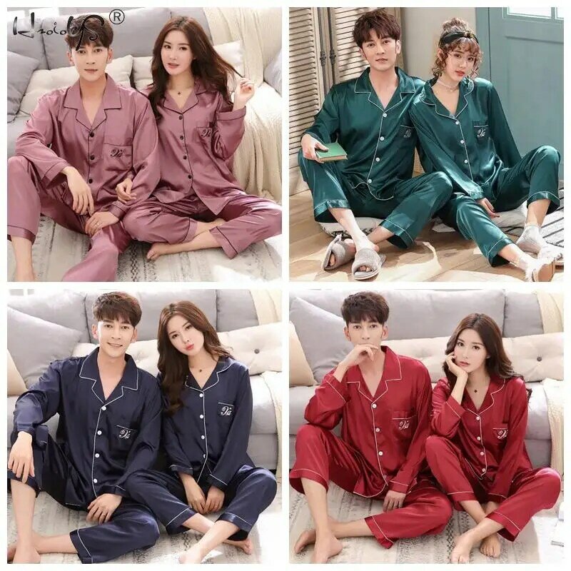 Conjuntos de pijama de seda cetim para casais, pijamas para homens e mulheres, roupas casuais para casa, pijama luxuoso para família, noite do amor