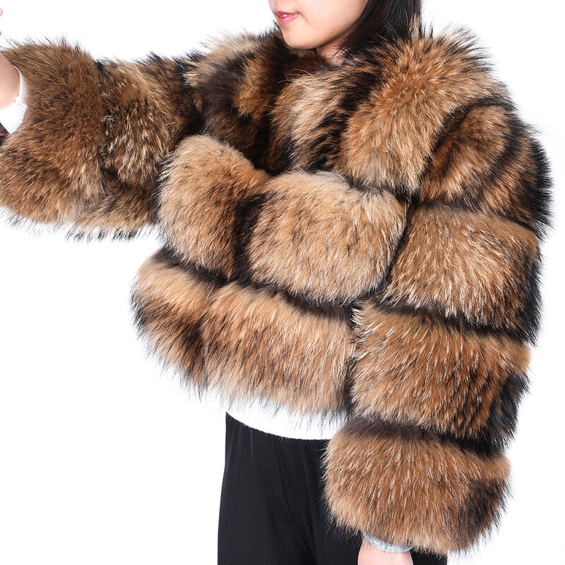 Maomaokong – manteau en vraie fourrure de raton laveur naturelle pour femme, veste chaude à col rond, de haute qualité, nouvelle collection hiver 2020, Y2K