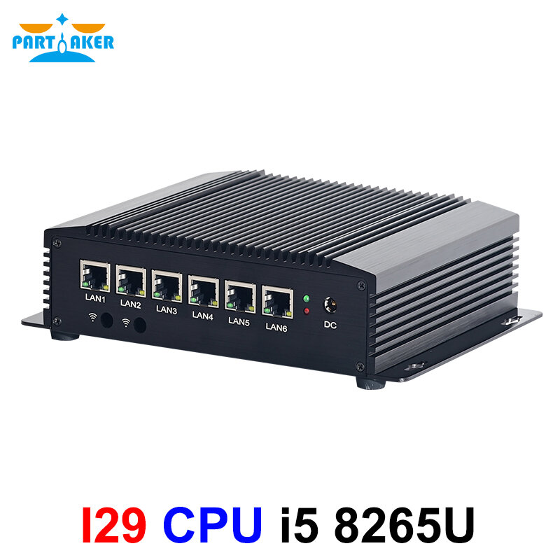 Partaker-Mini PC sans ventilateur, Intel Core i5 8260U 6 LAN I210 Gigabit Ethernet 4 x USB 3.0 HD RS232 COM, routeur pare-feu, trône, fouet