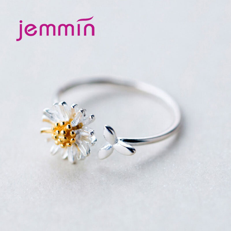 Temperament Daisy Flower 925 srebro pierścionki koreański Trend kobiety Resizable otwarcie biżuteria prezent