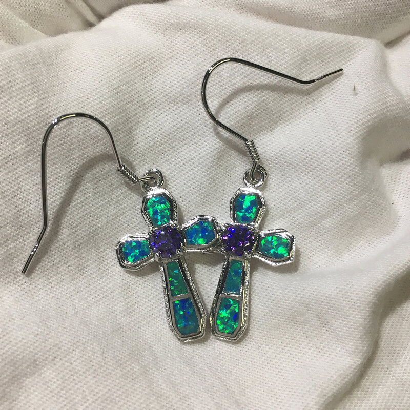 Brass Blue Opal Stud Dangle Hoop Earrings