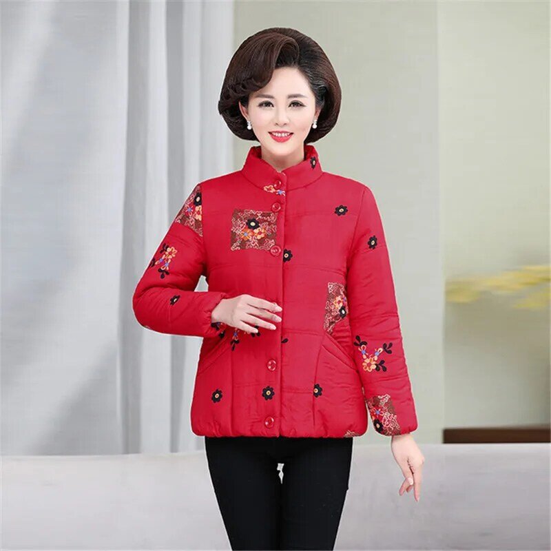 Middle-aged Cotton Coat Printed  Coat Winter Plus Velvet Thickening Keep Warm Cotton Jacket Outerwear Mother Loaded