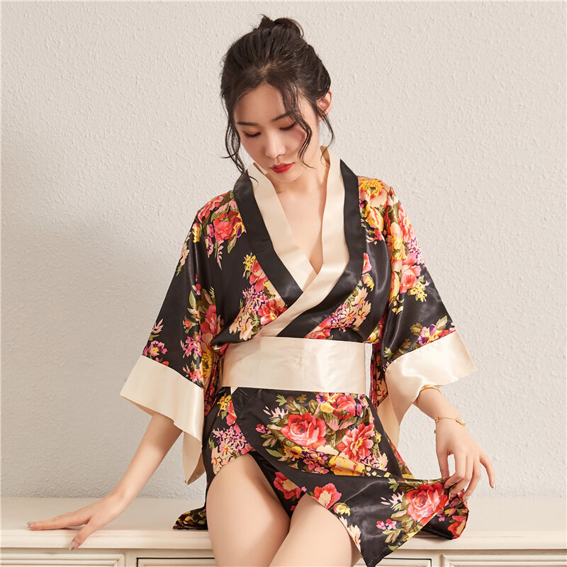Sexy kimono cetim material sexy noite trajes casa roupas ternos promover a harmonia do marido e da esposa (ebmsalv)