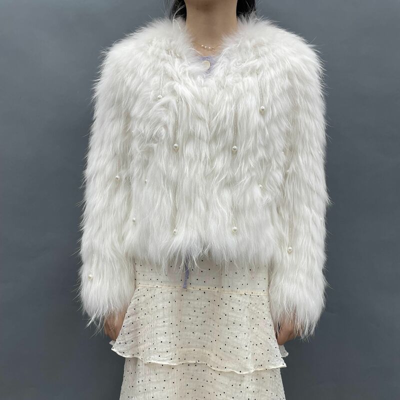 Abrigo de piel de visón de alta calidad, chaqueta de piel de visón corta cálida de invierno, adorno de borla de perlas de punto, decoración