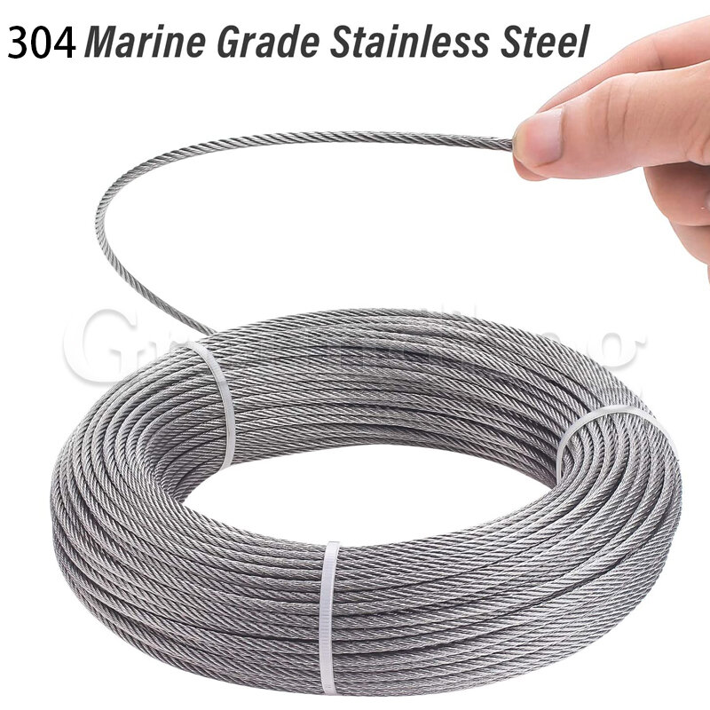 304 Stainless Steel Wire Rope 50M/100M Soft Fishing Lifting Cable 7*7 Clothesline 1mm/1.2mm/ 1.5mm/2mm